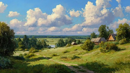 Painting of rural landscape of Slavic area