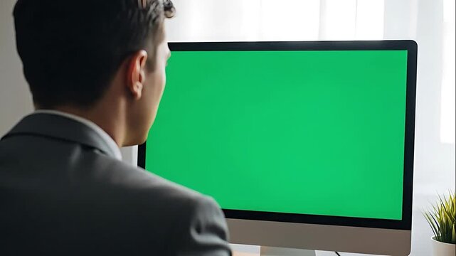 Businessman in suit looking at green screen computer monitor for compositing and editing