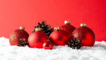 Red Christmas Ornaments and Pinecones on Snow with Vibrant Red Background