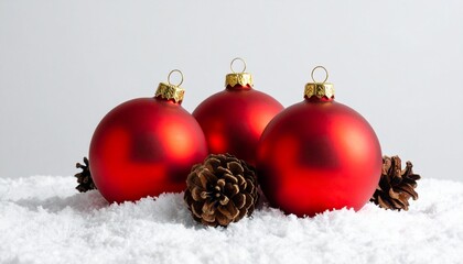 Red Christmas Ornaments and Pinecones on Snow with Light Gray Background
