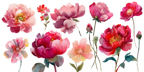 Vibrant watercolor painting of assorted pink and red peony flowers on a white background © DARK TRUST