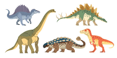 Jurassic era animals dinosaurs set. Spinosaurus; Stegosaurus; Allosaurus; Ankylosaurus; Brachiosaurus in flat modern minimalistic style. Vector illustrations.