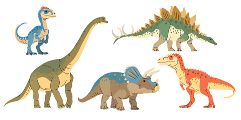 Jurassic era animals dinosaurs set. Velociraptor, Stegosaurus, Allosaurus, Brachiosaurus, Triceratops in flat modern minimalistic style. Vector illustrations.