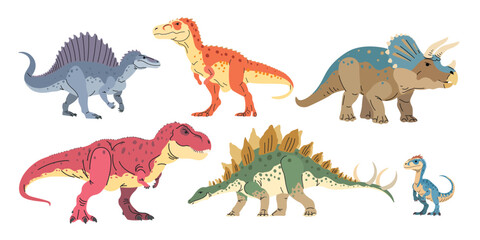Jurassic era animals dinosaurs set. Triceratops; Tyrannosaurus; Ankylosaurus; Spinosaurus; Stegosaurus; Allosaurus; Velociraptor in flat modern minimalistic style. Vector illustrations.
