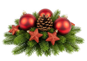 Christmas arrangement with red baubles, stars and pine branches isolated
