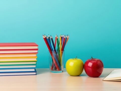 Stack of colorful books, glass of colored pencils, and two fresh apples on a wooden desk against a bright blue background for education concept - Powered by Adobe