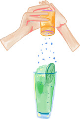 Watercolor Bartender Hands Sprinkling Sugar on Mojito Drink