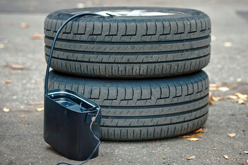 Portable car compressor inflating summer tires to the correct pressure before winter storage,...