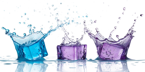 Colorful Ice Cubes Creating Large Water Splashes on a Reflective Surface liquid frozen isolated on a transparent background