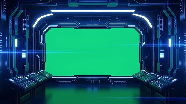 Futuristic spaceship bridge interior with green screen window and control panels glowing blue