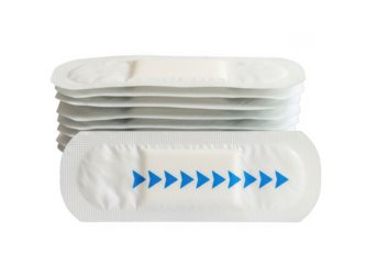 Stack of white sanitary pads with blue arrow design isolated on transparent background