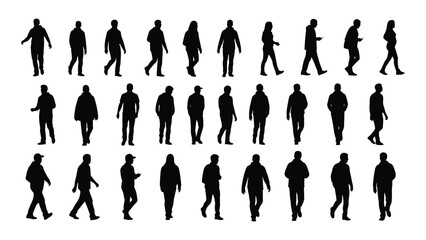 Diverse group of people in various walking poses a striking silhouette
