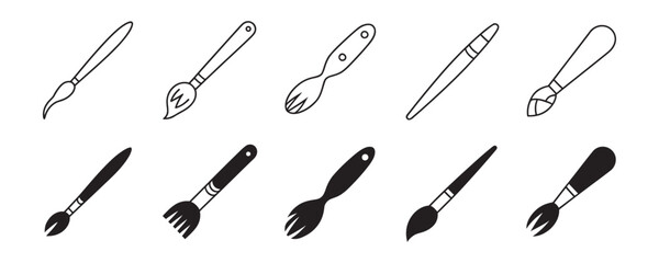 Collection of simple line art and solid icons representing various art brushes and painting tools for creative design projects