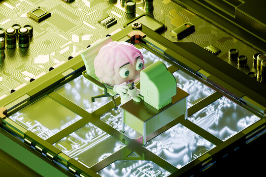 Brain character with computer on circuit board in 3D