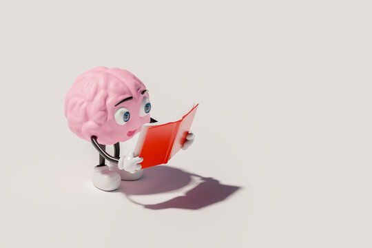 Cartoon brain reading red book on white background 3D