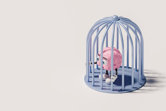 Caged cartoon brain in surreal minimalist 3D composition