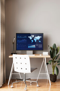 Modern 3D workspace with world data and analytics screen