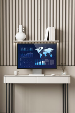 Analytics dashboard on monitor in neutral 3D interior
