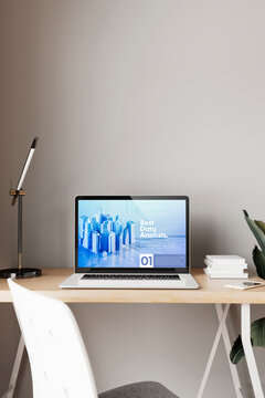 Laptop with data analysts interface and charts in 3D