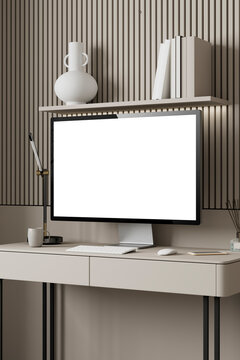 White monitor with blank screen in warm neutral 3D setup