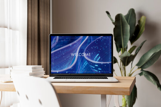 Welcome screen on laptop with abstract wave design 3D
