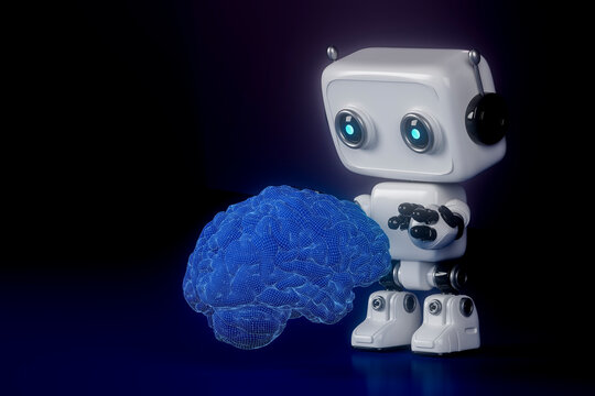 3D robot gently holding digital brain with tech lighting