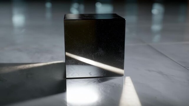 Ultra HD Sleek metallic cube reflecting light and shadow on a polished surface, showcasing modern design and minimalist aesthetics video