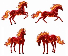 Collection of four fantasy fire horses with flaming manes and red bodies isolated on white background, symbol of 2026 year