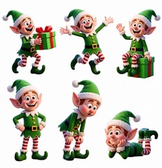 Set of cute Christmas elves in green costumes and striped socks posing with gifts on white background