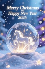 Merry Christmas and Happy New Year 2026 vertical greeting card with glowing neon horse in crystal snow globe