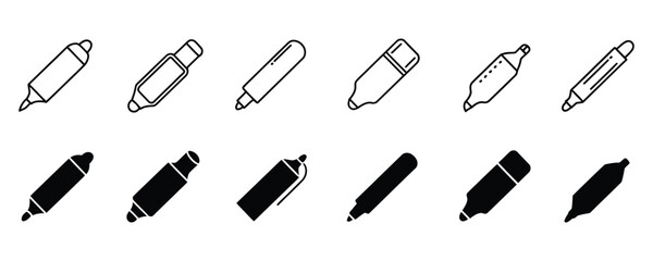 Collection of modern minimalist highlighter and marker icons in outline and solid styles for design projects