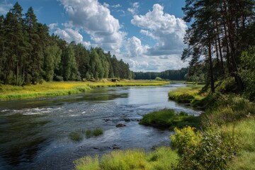 Serene nature landscape with tranquil river reflecting clouds and bordered by lush greenery and dense forests under a clear sky, evoking feelings of peace and solitude in nature's embrace