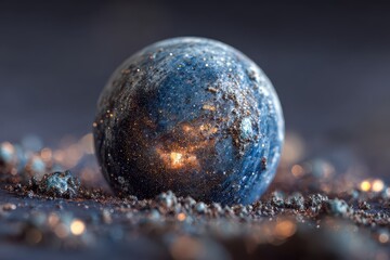 Planet surrounded by shimmering particles reflecting stars and galaxies, creating a cosmic effect with a mystical atmosphere in deep blue and black hues accented by golden and white sparks