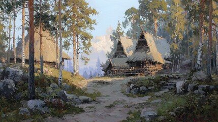 Painting of wooden cabins and trees, landscape of Slavic area