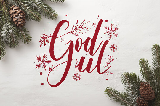 Festive Scandinavian Christmas greeting card with text "God Jul". Cozy Nordic style, green red palette,
 snowflakes, pine branches, minimalist Scandinavian design, warm holiday mood, clean composition