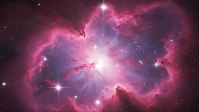 A vibrant nebula glows with brilliant stars, displaying swirling pink clouds against a dark, star-filled expanse. <desc>