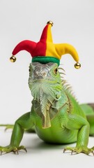 Fototapeta premium iguana wearing a jester hat, joker, entertainer, on a white background, animal photo