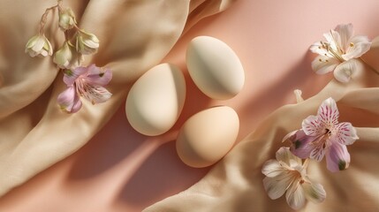 photorealistic top-view Easter sale layout of eggs, spring flowers