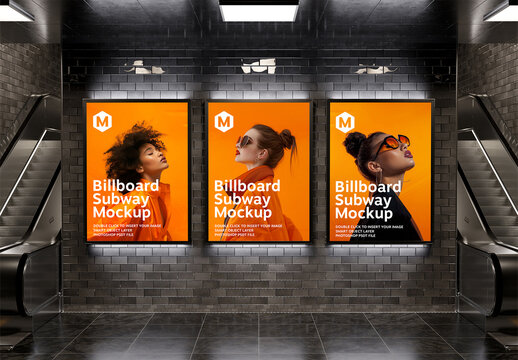 Three Billboards on Black Underground Wall Mockup