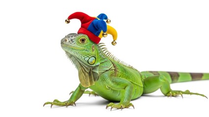 Obraz premium iguana wearing a jester hat, joker, entertainer, on a white background, animal photo