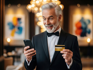 Excited senior man holding credit card and smartphone in a luxurious setting