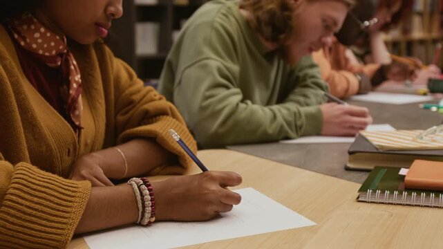 Cropped shot of multiethnic young woman completing task checking writing skills in language training program while sitting at desk with groupmates in library