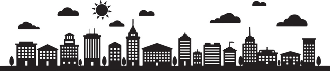Obraz premium City landscape vector. Thin Black cityscape with building, clouds, sun. design Vector black silhouette