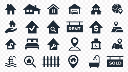Collection of real estate and home related icons on a transparent background house building