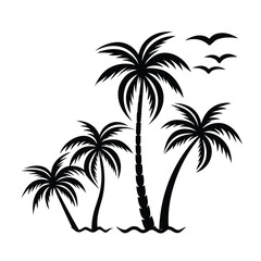 Fototapeta premium Black silhouette of palm trees and birds on white background