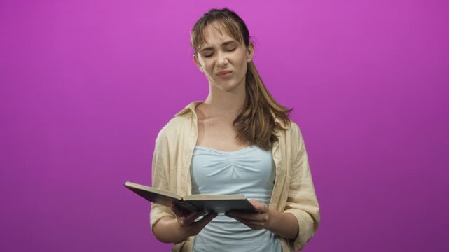 Young woman holding open book with fingers on pages in pink studio, looking upward and pensive; quiet contemplation.