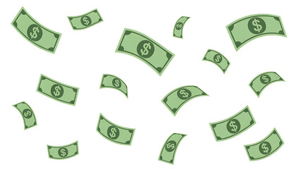 Rain of money dollar bills falling through air capturing wealth and financial success dynamic motion