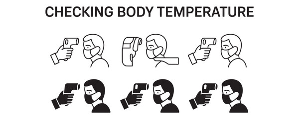Essential icons demonstrating correct infrared thermometer usage for temperature screening protocols in public spaces