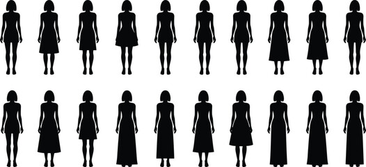 Silhouettes of women in various dress lengths and outfits, displaying different fashion styles, body postures, clothing variations, and simple figure illustrations for design use