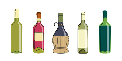 Fototapeta premium Sort od different wine bottles in flat minimalistic modern style. Best for restaurant wine menu designs. Vector illustrations collection.